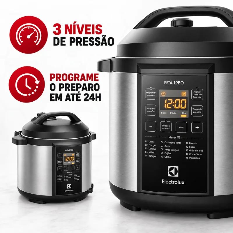 Painel digital com 3 níveis de pressão e programação de preparo